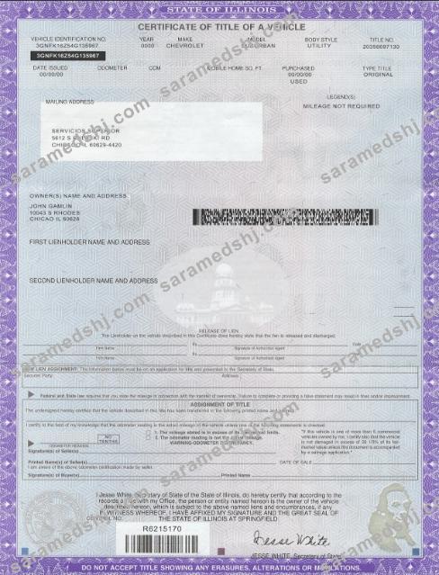 USA state Illinois certificate of title of a vehicle template in PSD format